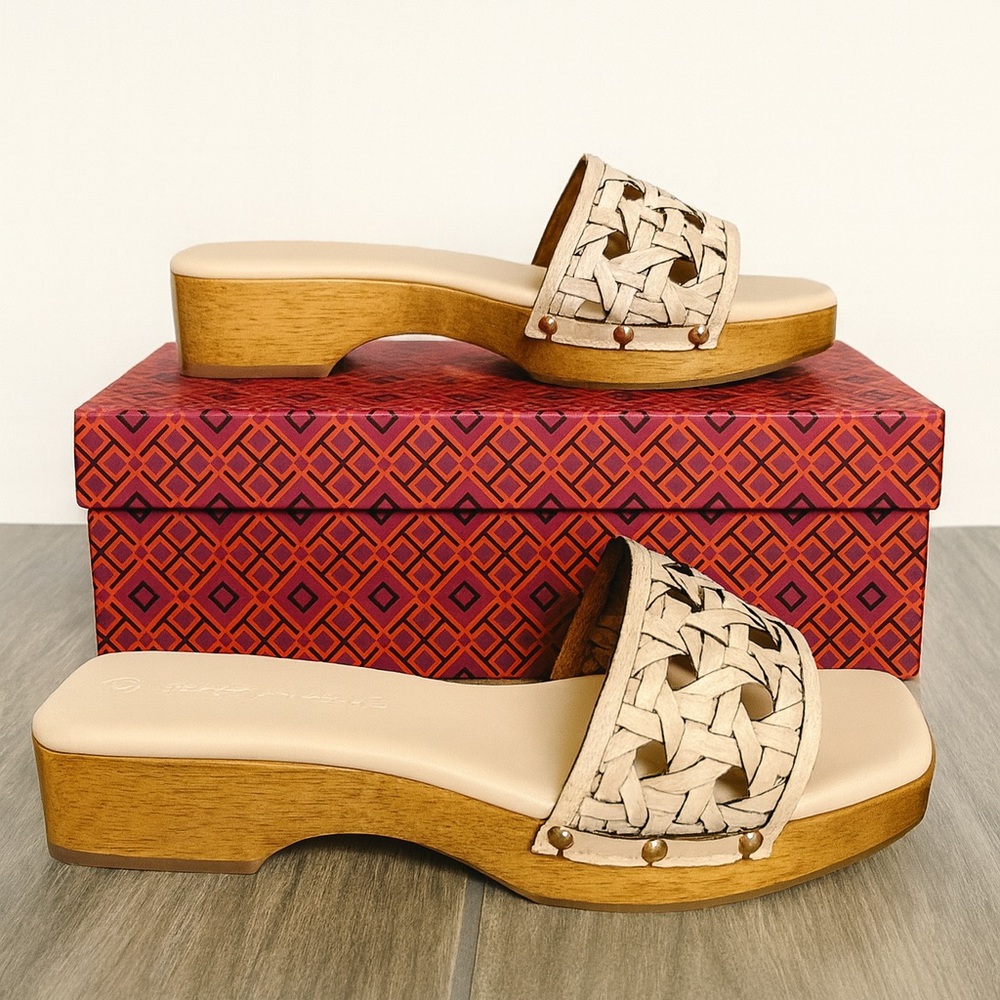 Tory Burch Cream and Tan Woven Clog Sandal